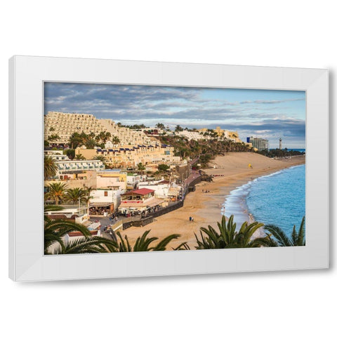 Canary Islands-Fuerteventura Island-Morro Jable-high angle view of Playa de la Cebada beach-sunset White Modern Wood Framed Art Print by Bibikow, Walter
