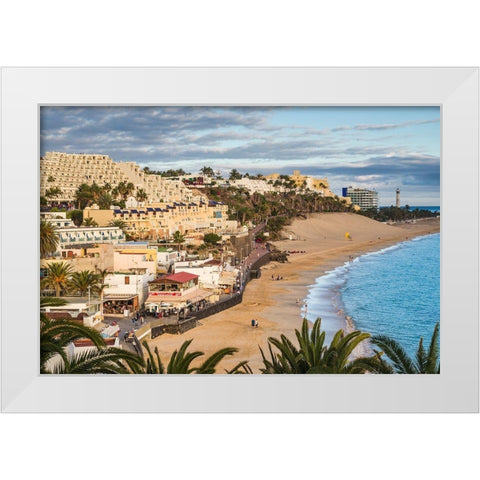 Canary Islands-Fuerteventura Island-Morro Jable-high angle view of Playa de la Cebada beach-sunset White Modern Wood Framed Art Print by Bibikow, Walter