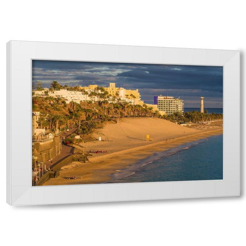 Canary Islands-Fuerteventura Island-Morro Jable-high angle view of Playa de la Cebada beach-sunset White Modern Wood Framed Art Print by Bibikow, Walter