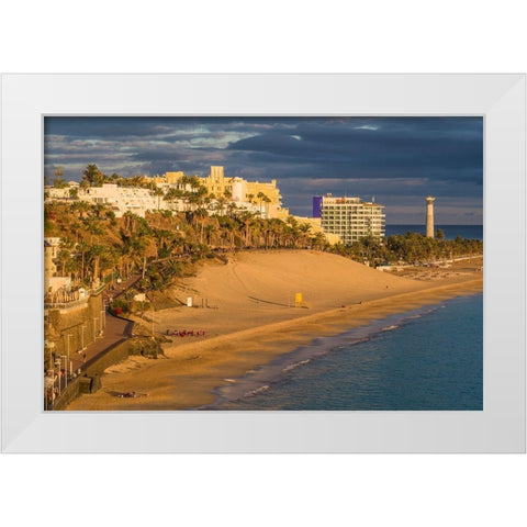Canary Islands-Fuerteventura Island-Morro Jable-high angle view of Playa de la Cebada beach-sunset White Modern Wood Framed Art Print by Bibikow, Walter