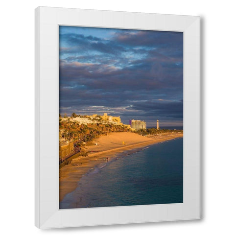 Canary Islands-Fuerteventura Island-Morro Jable-high angle view of Playa de la Cebada beach-sunset White Modern Wood Framed Art Print by Bibikow, Walter