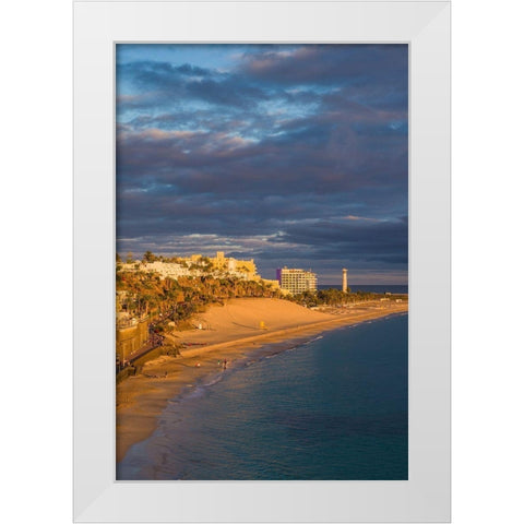 Canary Islands-Fuerteventura Island-Morro Jable-high angle view of Playa de la Cebada beach-sunset White Modern Wood Framed Art Print by Bibikow, Walter