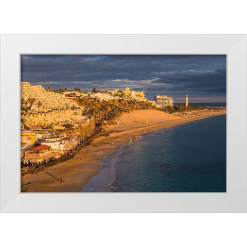 Canary Islands-Fuerteventura Island-Morro Jable-high angle view of Playa de la Cebada beach-sunset White Modern Wood Framed Art Print by Bibikow, Walter