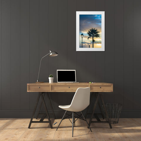 Canary Islands-Fuerteventura Island-Morro Jable-Playa del Matorral beach-palm tree-streetlight White Modern Wood Framed Art Print by Bibikow, Walter
