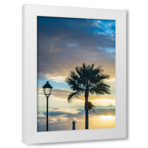 Canary Islands-Fuerteventura Island-Morro Jable-Playa del Matorral beach-palm tree-streetlight White Modern Wood Framed Art Print by Bibikow, Walter