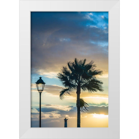 Canary Islands-Fuerteventura Island-Morro Jable-Playa del Matorral beach-palm tree-streetlight White Modern Wood Framed Art Print by Bibikow, Walter