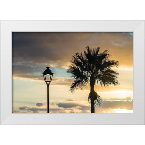 Canary Islands-Fuerteventura Island-Morro Jable-Playa del Matorral beach-palm tree White Modern Wood Framed Art Print by Bibikow, Walter