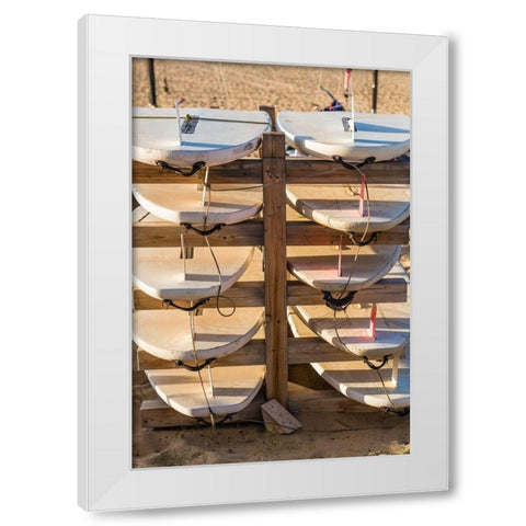 Canary Islands-Fuerteventura Island-Morro Jable-Playa del Matorral beach-surfboards White Modern Wood Framed Art Print by Bibikow, Walter
