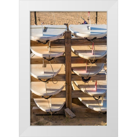 Canary Islands-Fuerteventura Island-Morro Jable-Playa del Matorral beach-surfboards White Modern Wood Framed Art Print by Bibikow, Walter