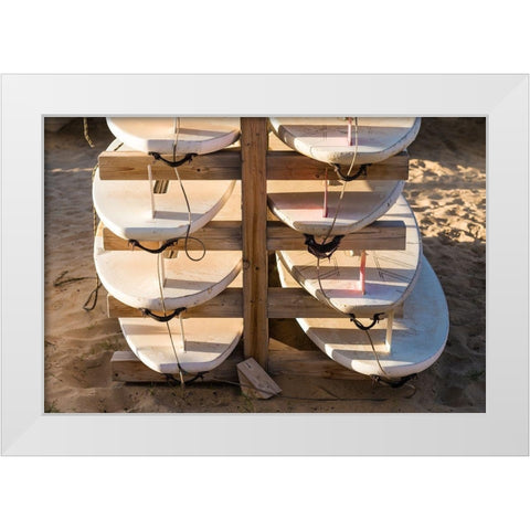 Canary Islands-Fuerteventura Island-Morro Jable-Playa del Matorral beach-surfboards White Modern Wood Framed Art Print by Bibikow, Walter