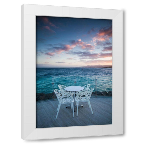 Canary Islands-Fuerteventura Island-Caleta de Fuste-Puerto Deportivo-harbor cafe-dusk White Modern Wood Framed Art Print by Bibikow, Walter