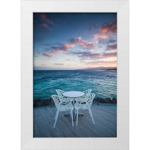 Canary Islands-Fuerteventura Island-Caleta de Fuste-Puerto Deportivo-harbor cafe-dusk White Modern Wood Framed Art Print by Bibikow, Walter