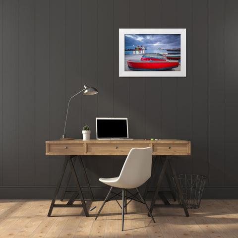 Canary Islands-Fuerteventura Island-Puerto del Rosario-port-dawn White Modern Wood Framed Art Print by Bibikow, Walter
