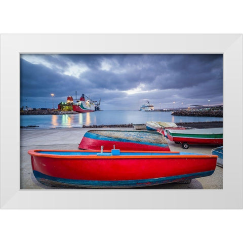 Canary Islands-Fuerteventura Island-Puerto del Rosario-port-dawn White Modern Wood Framed Art Print by Bibikow, Walter