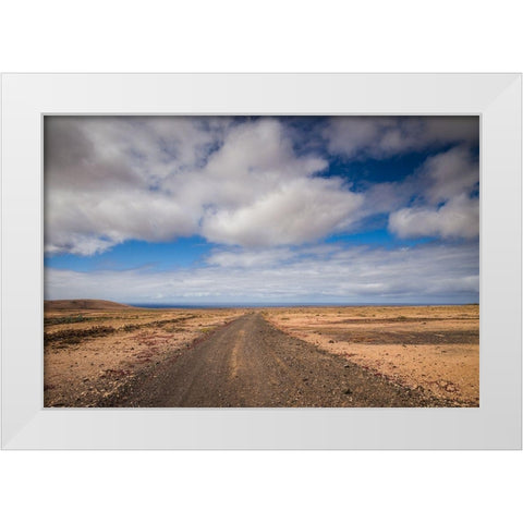 Canary Islands-Fuerteventura Island-Punto de Paso Chico-west coast desert landscape with road White Modern Wood Framed Art Print by Bibikow, Walter