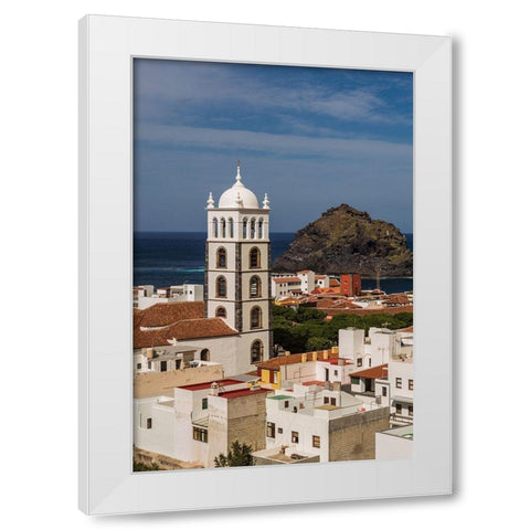 Canary Islands-Tenerife Island-Garachico-elevated town view with the Iglesia de Santa Ana church White Modern Wood Framed Art Print by Bibikow, Walter