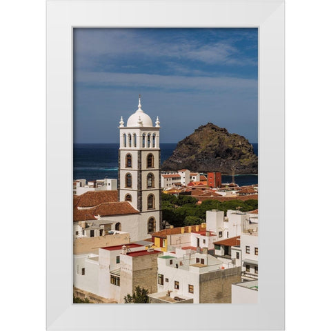 Canary Islands-Tenerife Island-Garachico-elevated town view with the Iglesia de Santa Ana church White Modern Wood Framed Art Print by Bibikow, Walter