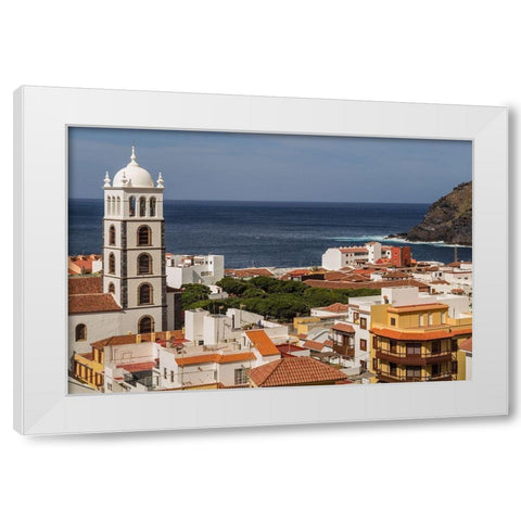 Canary Islands-Tenerife Island-Garachico-elevated town view with the Iglesia de Santa Ana church White Modern Wood Framed Art Print by Bibikow, Walter