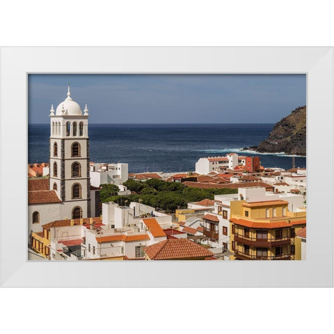 Canary Islands-Tenerife Island-Garachico-elevated town view with the Iglesia de Santa Ana church White Modern Wood Framed Art Print by Bibikow, Walter