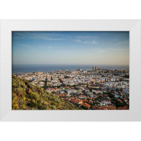 Canary Islands-Tenerife Island-Santa Cruz de Tenerife-elevated view of city and port-late afternoon White Modern Wood Framed Art Print by Bibikow, Walter