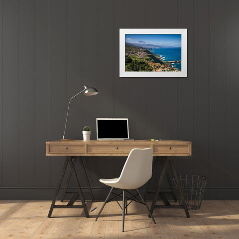 Canary Islands-Tenerife Island-El Sauzal-elevated view of the west coast and El Teide Mountain White Modern Wood Framed Art Print by Bibikow, Walter