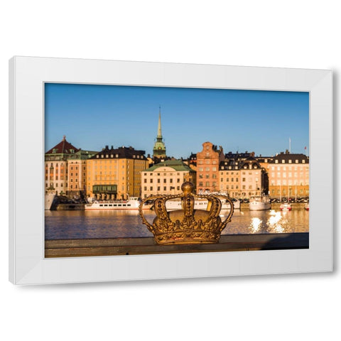 Sweden-Stockholm-Gamla Stan-Old Town-old town skyline and crown on the Skeppsholmsbron bridge White Modern Wood Framed Art Print by Bibikow, Walter