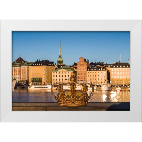 Sweden-Stockholm-Gamla Stan-Old Town-old town skyline and crown on the Skeppsholmsbron bridge White Modern Wood Framed Art Print by Bibikow, Walter
