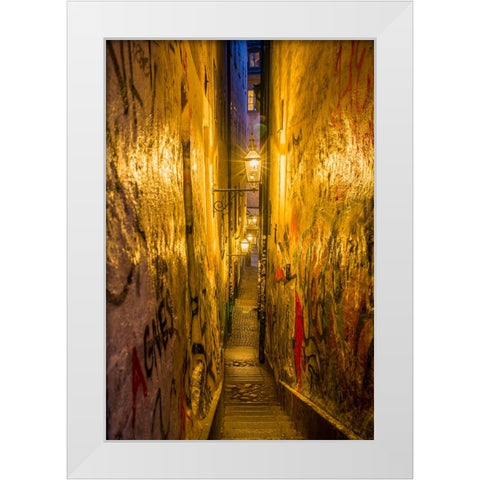Sweden-Stockholm-Gamla Stan-Old Town-Marten Trotzigs Grand-narrowest street in Stockholm-evening White Modern Wood Framed Art Print by Bibikow, Walter