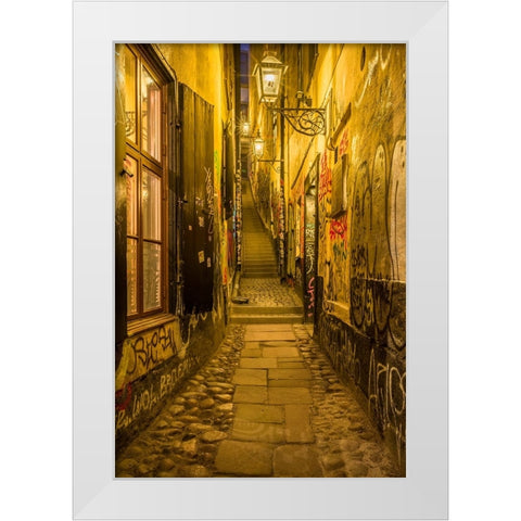 Sweden-Stockholm-Gamla Stan-Old Town-Marten Trotzigs Grand-narrowest street in Stockholm-evening White Modern Wood Framed Art Print by Bibikow, Walter