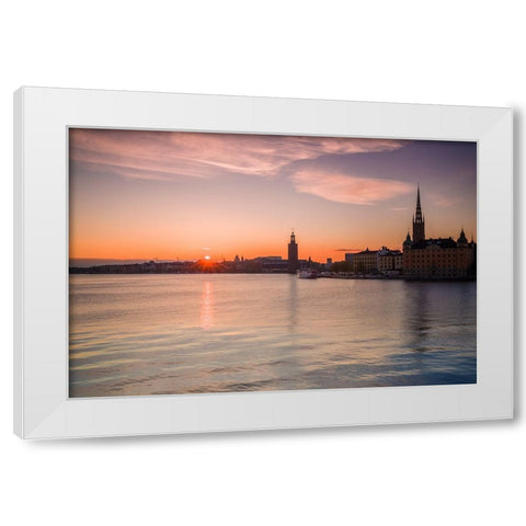 Sweden-Stockholm-Stockholm City Hall and Riddarholmen church-sunset White Modern Wood Framed Art Print by Bibikow, Walter