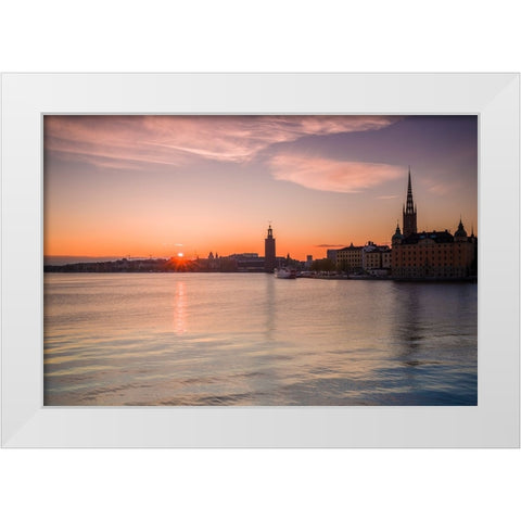 Sweden-Stockholm-Stockholm City Hall and Riddarholmen church-sunset White Modern Wood Framed Art Print by Bibikow, Walter