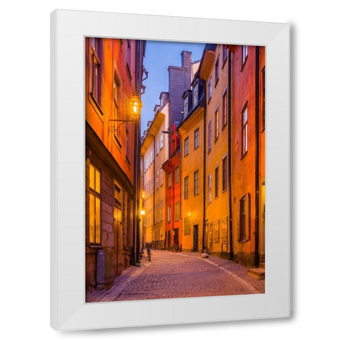 Sweden-Stockholm-Gamla Stan-Old Town-Royal Palace-old town street-dusk White Modern Wood Framed Art Print by Bibikow, Walter