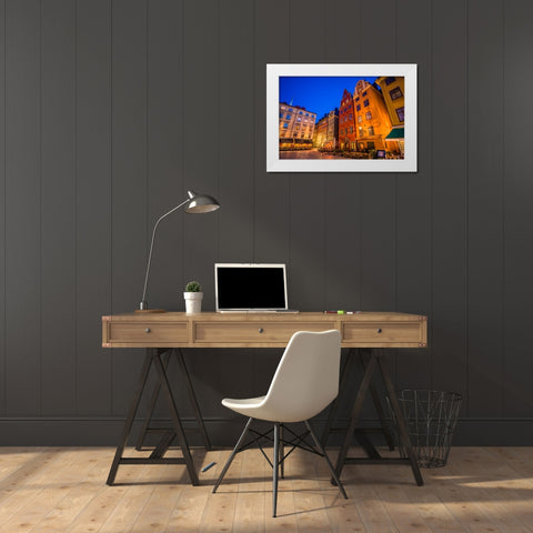 Sweden-Stockholm-Gamla Stan-Old Town-buildings of the Stortorget Square-dusk White Modern Wood Framed Art Print by Bibikow, Walter