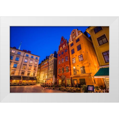 Sweden-Stockholm-Gamla Stan-Old Town-buildings of the Stortorget Square-dusk White Modern Wood Framed Art Print by Bibikow, Walter