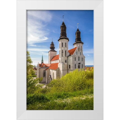 Sweden-Gotland Island-Visby-Visby Cathedral-12th century-exterior White Modern Wood Framed Art Print by Bibikow, Walter