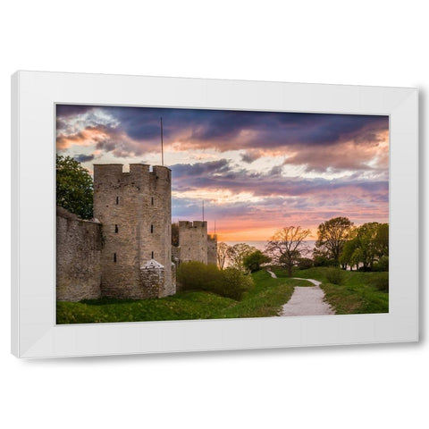 Sweden-Gotland Island-Visby-12th century city wall-most complete medieval city wall in Europe-sunse White Modern Wood Framed Art Print by Bibikow, Walter