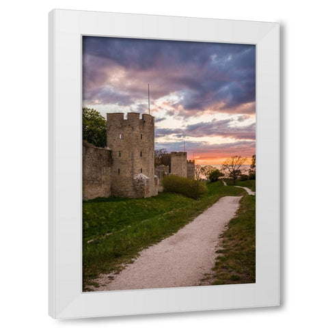 Sweden-Gotland Island-Visby-12th century city wall-most complete medieval city wall in Europe-sunse White Modern Wood Framed Art Print by Bibikow, Walter
