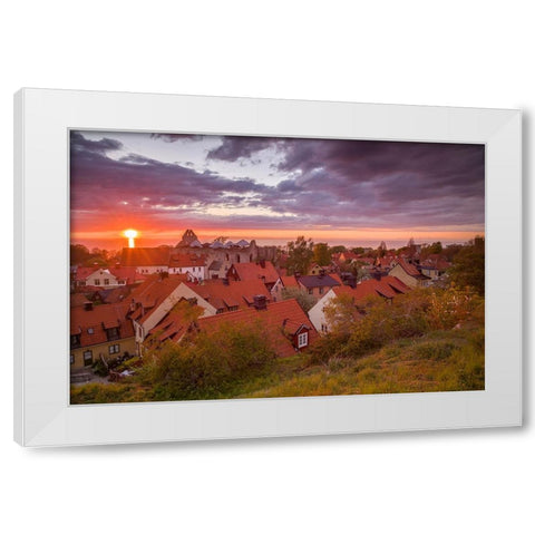 Sweden-Gotland Island-Visby-high angle city view-dusk White Modern Wood Framed Art Print by Bibikow, Walter