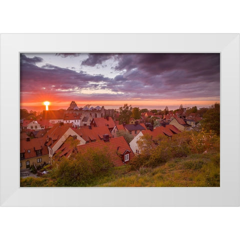 Sweden-Gotland Island-Visby-high angle city view-dusk White Modern Wood Framed Art Print by Bibikow, Walter