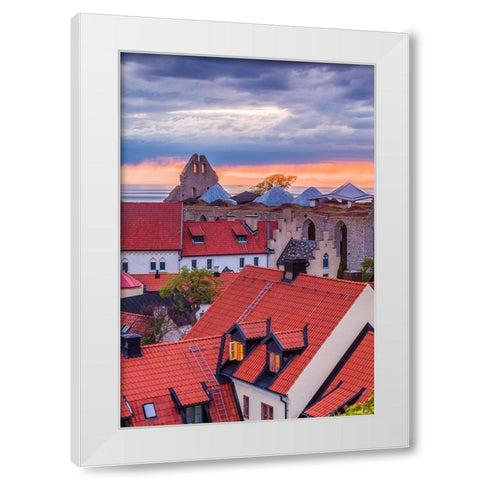 Sweden-Gotland Island-Visby-high angle city view-dusk White Modern Wood Framed Art Print by Bibikow, Walter