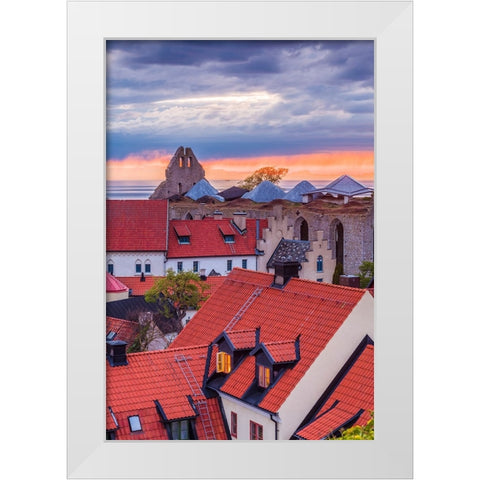 Sweden-Gotland Island-Visby-high angle city view-dusk White Modern Wood Framed Art Print by Bibikow, Walter