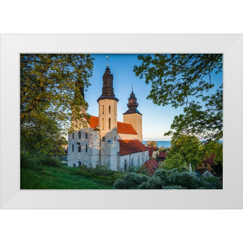 Sweden-Gotland Island-Visby-Visby Cathedral-12th century-exterior White Modern Wood Framed Art Print by Bibikow, Walter