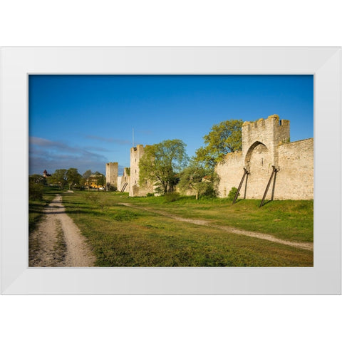Sweden-Gotland Island-Visby-12th century city wall-most complete medieval city wall in Europe White Modern Wood Framed Art Print by Bibikow, Walter