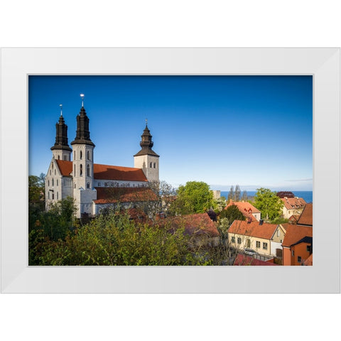 Sweden-Gotland Island-Visby-Visby Cathedral-12th century-exterior White Modern Wood Framed Art Print by Bibikow, Walter
