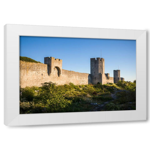Sweden-Gotland Island-Visby-12th century city wall-most complete medieval city wall in Europe White Modern Wood Framed Art Print by Bibikow, Walter