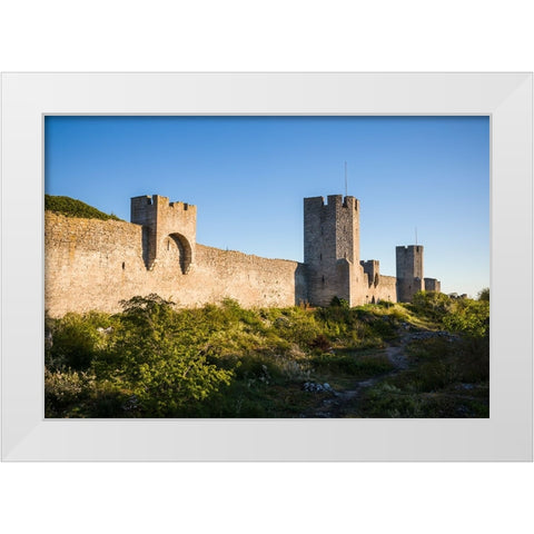 Sweden-Gotland Island-Visby-12th century city wall-most complete medieval city wall in Europe White Modern Wood Framed Art Print by Bibikow, Walter