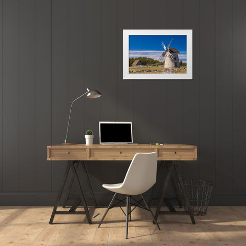 Sweden-Faro Island-Eroskogs-old windmill White Modern Wood Framed Art Print by Bibikow, Walter