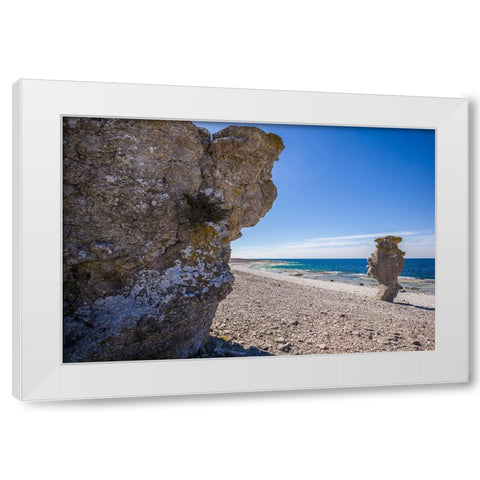 Sweden-Faro Island-Langhammars Area-Langhammar coastal limestone rauk rock White Modern Wood Framed Art Print by Bibikow, Walter