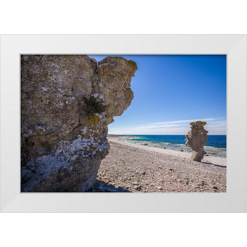Sweden-Faro Island-Langhammars Area-Langhammar coastal limestone rauk rock White Modern Wood Framed Art Print by Bibikow, Walter