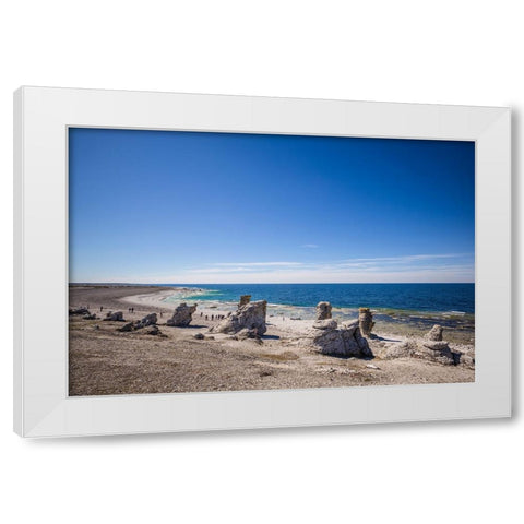 Sweden-Faro Island-Langhammars Area-Langhammar coastal limestone rauk rocks with visitors White Modern Wood Framed Art Print by Bibikow, Walter